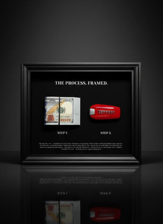 The Process, framed | Ferrari Key & Dollar Cash Stack | Money Wall Art Home Décor | 25x20cm