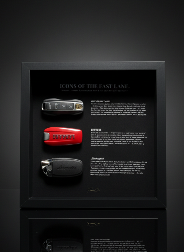 Icons of the Fast Lane | Porsche, Ferrari & Lamborghini Key Wall Frame | 25x25cm Motivational Decor for Car Lovers