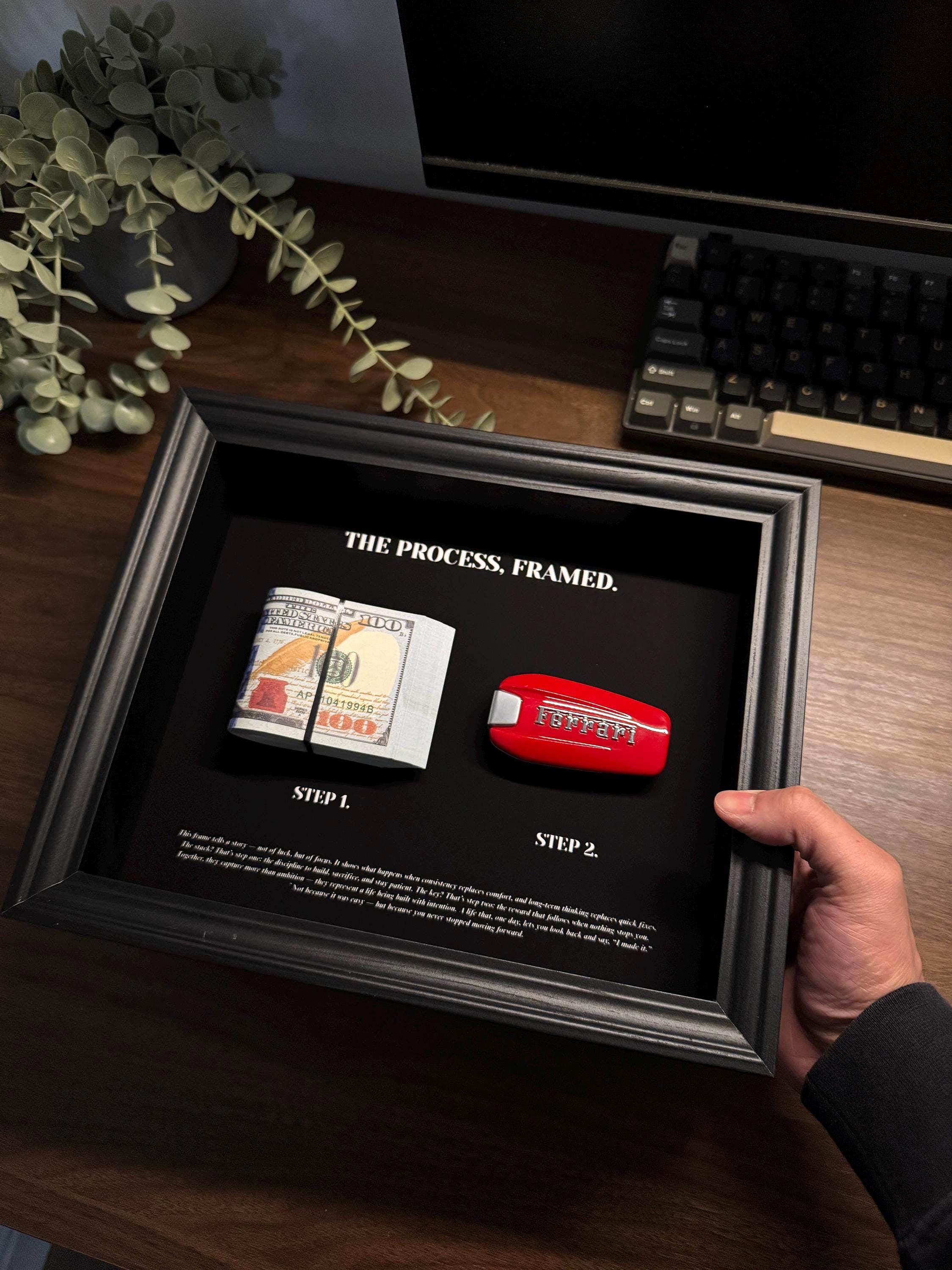 The Process, framed | Ferrari Key & Dollar Cash Stack | Money Wall Art Home Décor | 25x20cm
