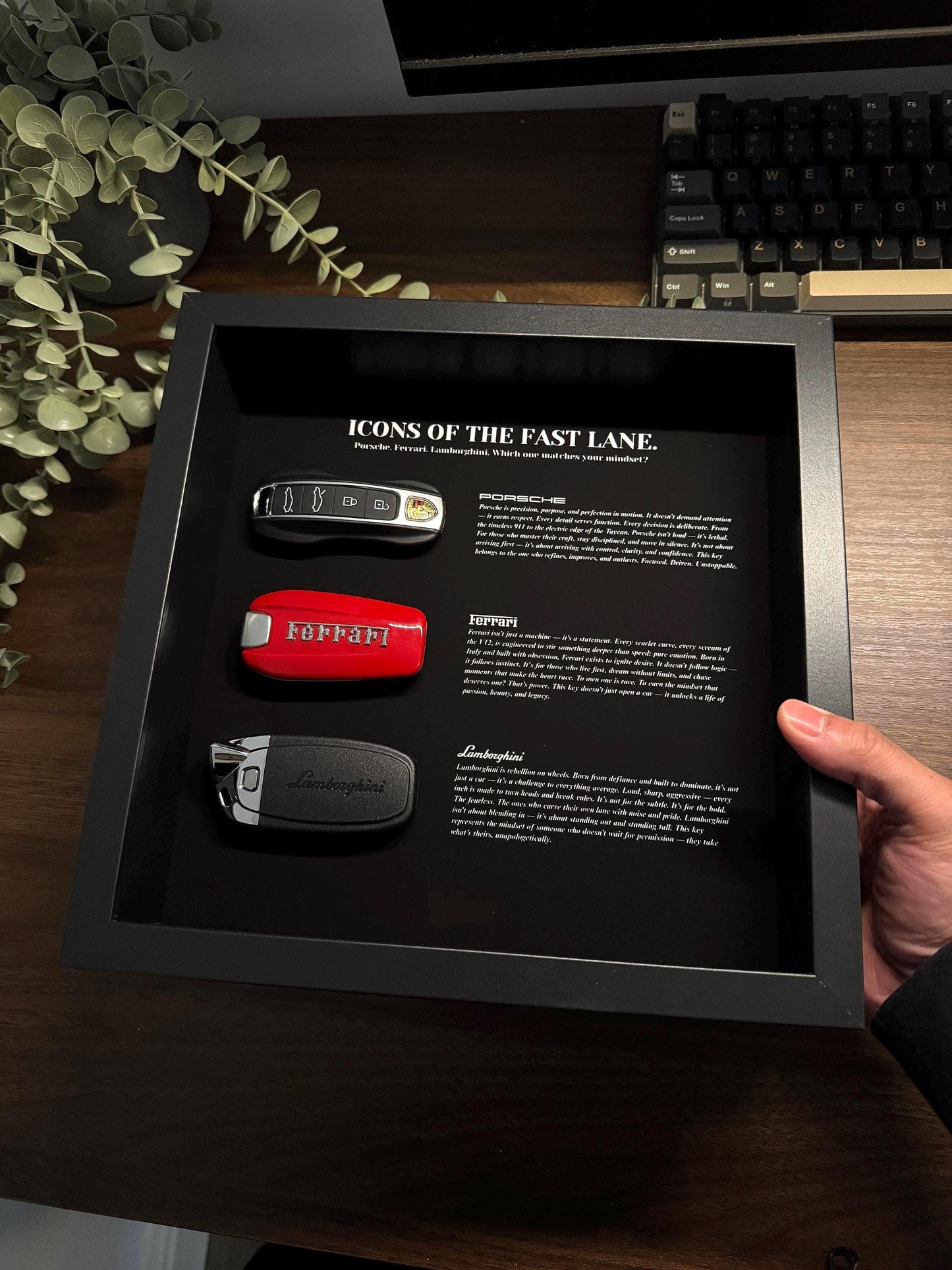 Icons of the Fast Lane | Porsche, Ferrari & Lamborghini Key Wall Frame | 25x25cm Motivational Decor for Car Lovers