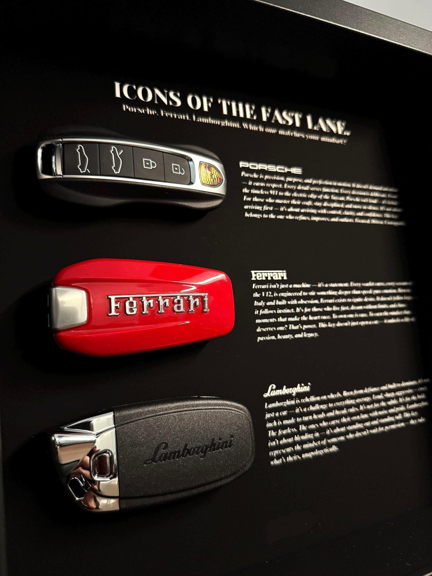 Icons of the Fast Lane | Porsche, Ferrari & Lamborghini Key Wall Frame | 25x25cm Motivational Decor for Car Lovers