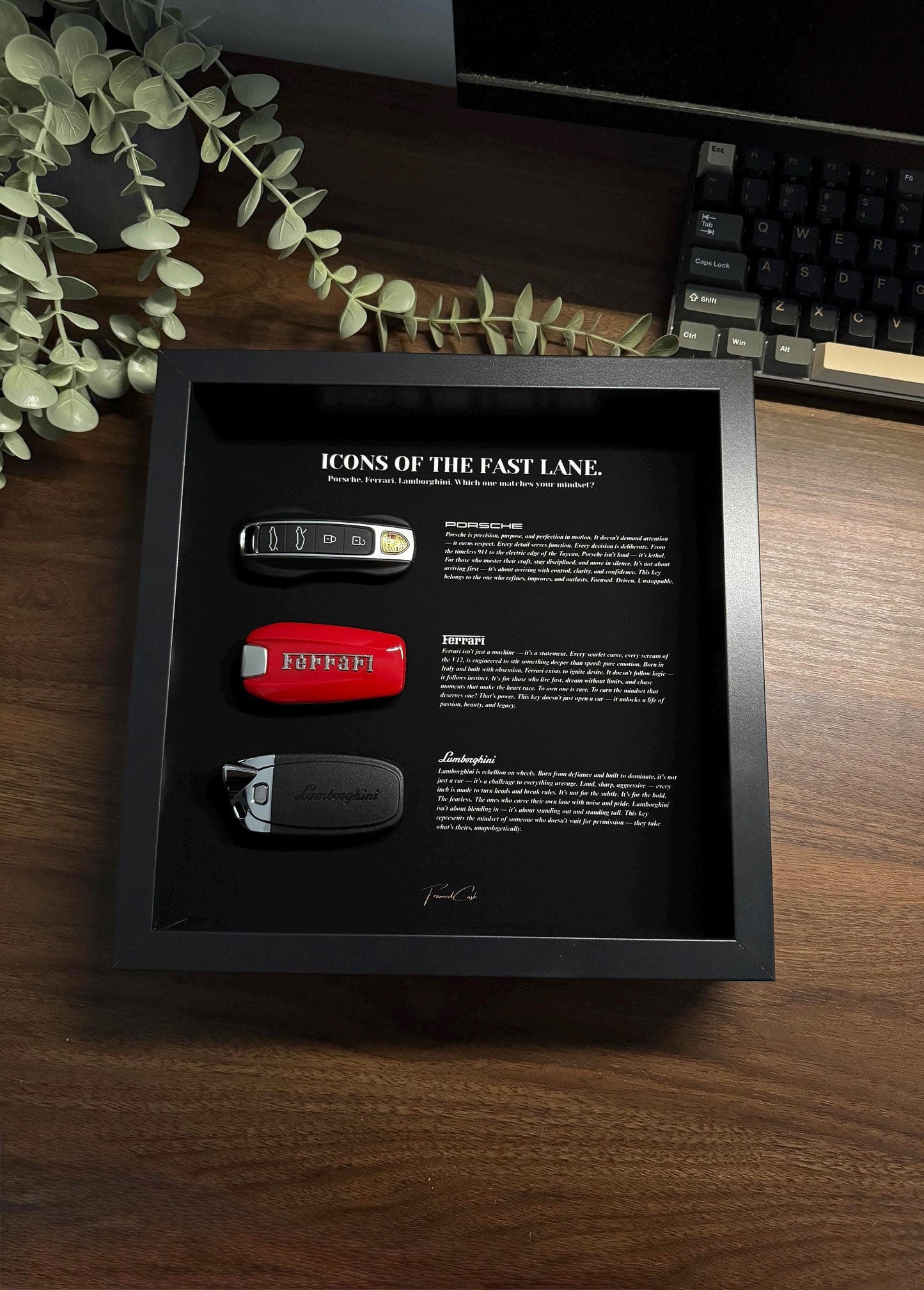 Icons of the Fast Lane | Porsche, Ferrari & Lamborghini Key Wall Frame | 25x25cm Motivational Decor for Car Lovers