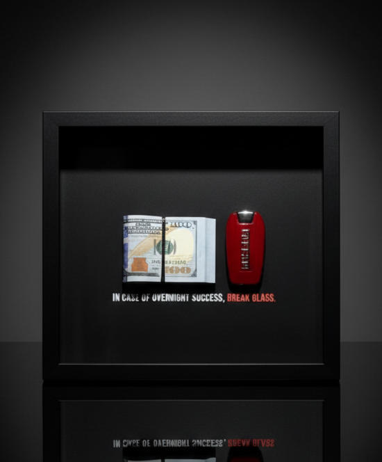 Dollar &amp; Ferrari Schlüsselrahmen – Im Falle eines Erfolgs über Nacht, Rahmen 10 x 10" | Geldkunst 