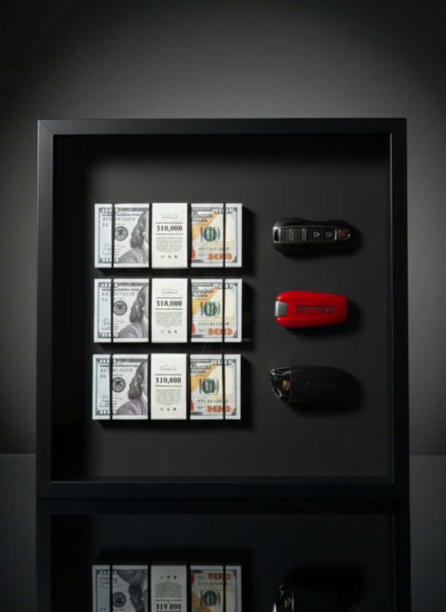 The Wealth Display – Dollar & Supercar Key Frame | Luxury Motivation Wall Art | 35x35cm