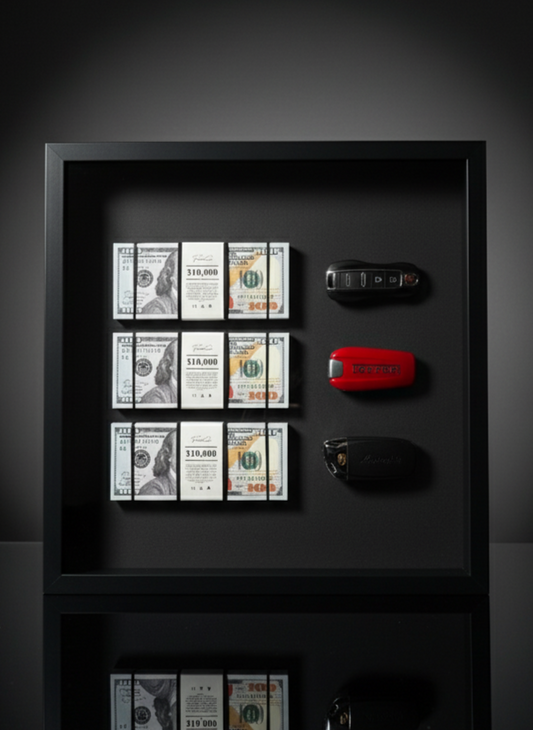 The Wealth Display – Dollar & Supercar Key Frame | Luxury Motivation Wall Art | 35x35cm