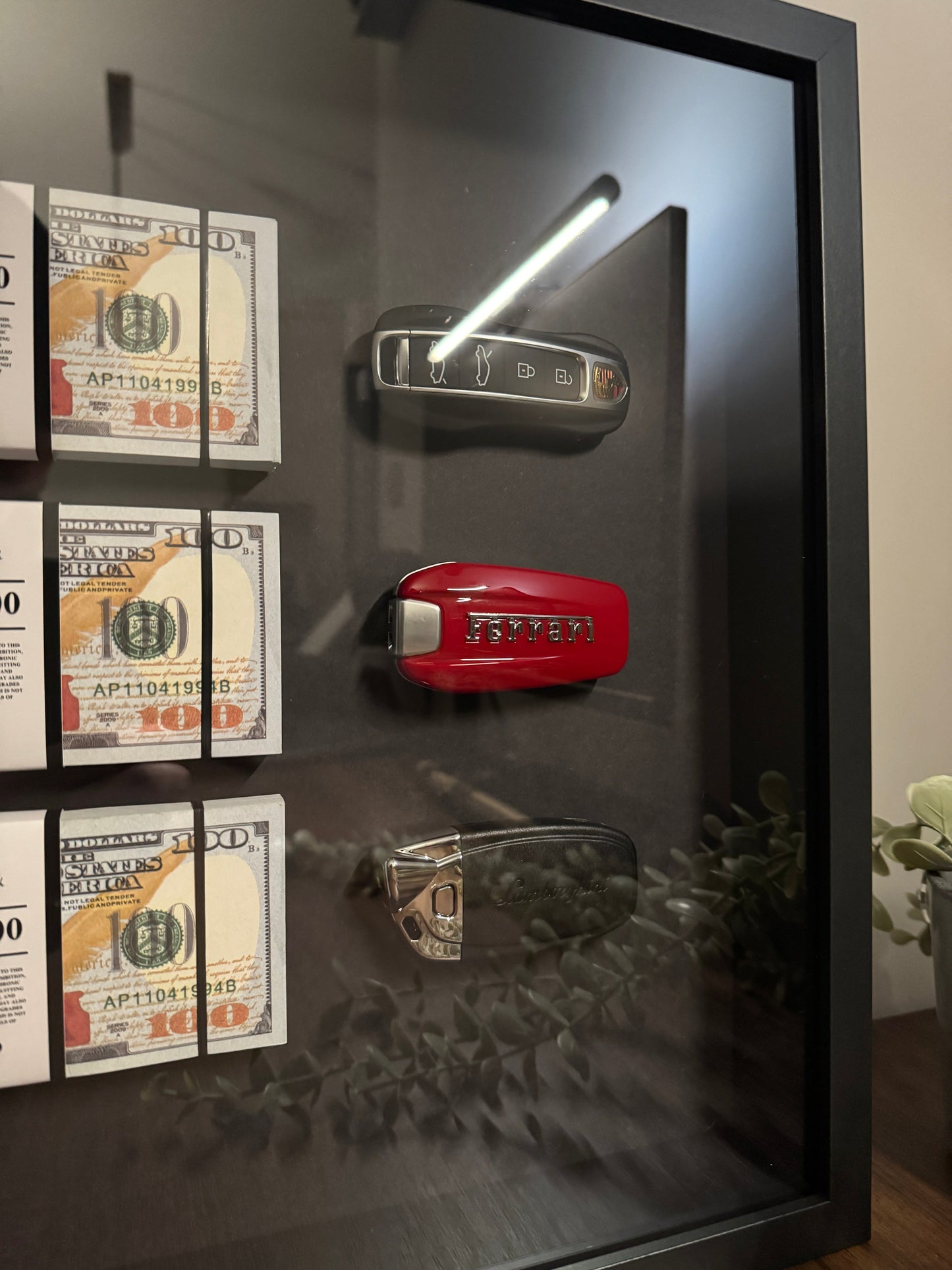 The Wealth Display – Dollar & Supercar Key Frame | Luxury Motivation Wall Art | 35x35cm