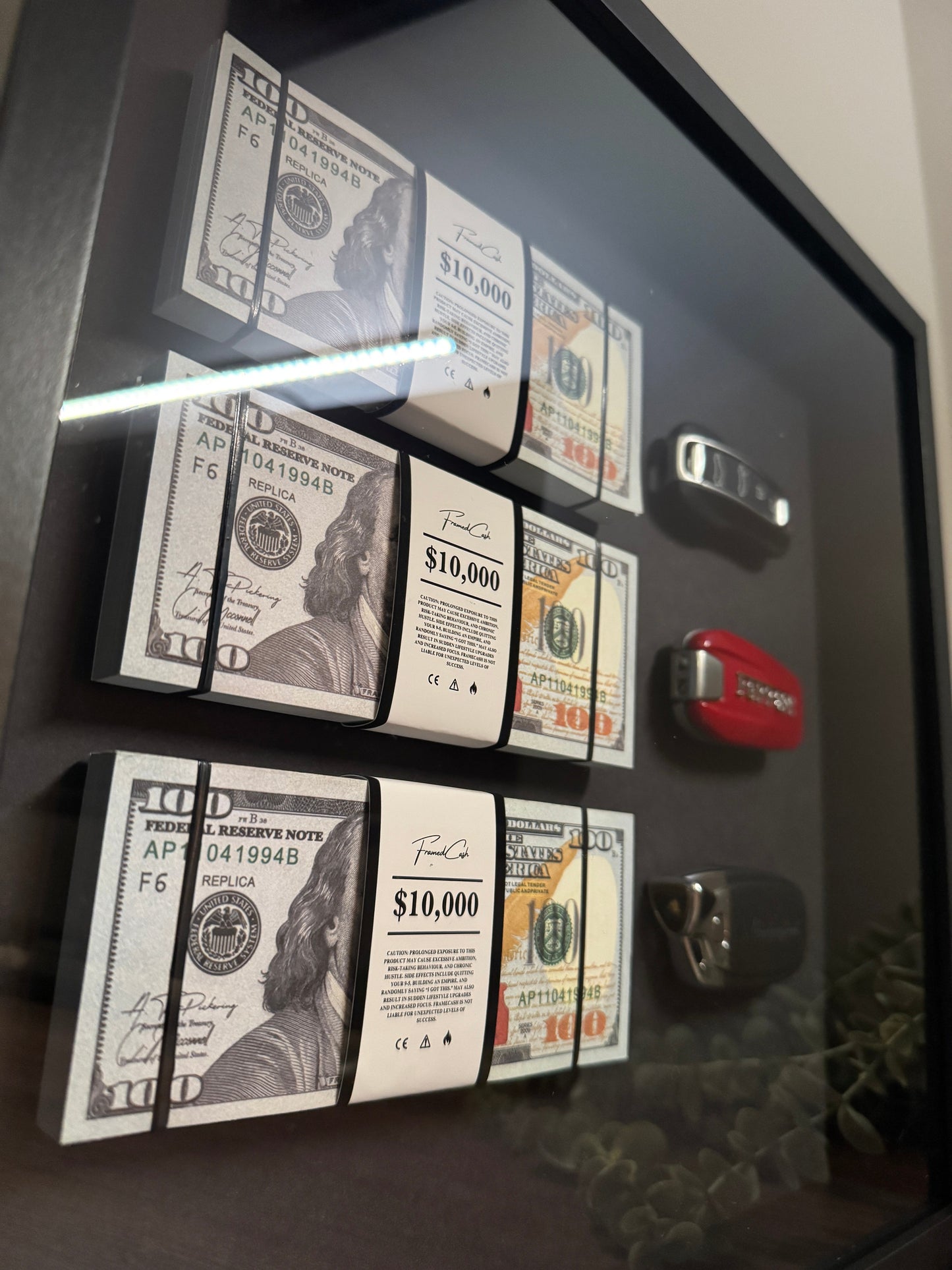 The Wealth Display – Dollar & Supercar Key Frame | Luxury Motivation Wall Art | 35x35cm