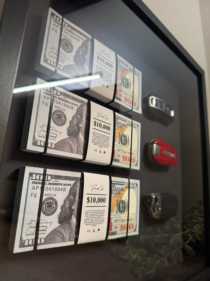 The Wealth Display – Dollar & Supercar Key Frame | Luxury Motivation Wall Art | 35x35cm