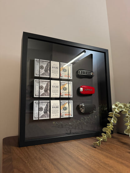 The Wealth Display – Dollar & Supercar Key Frame | Luxury Motivation Wall Art | 35x35cm