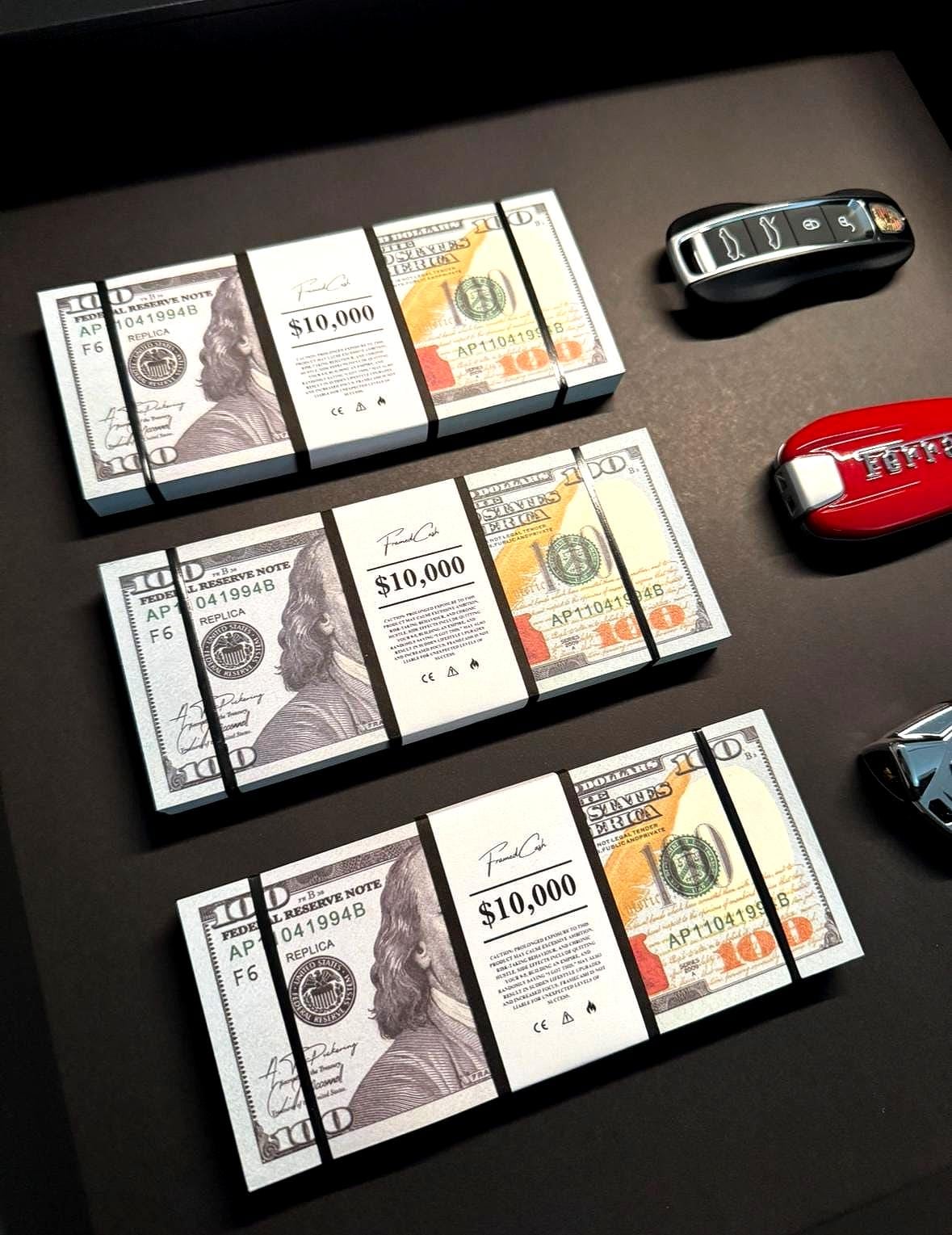 The Wealth Display – Dollar & Supercar Key Frame | Luxury Motivation Wall Art | 35x35cm