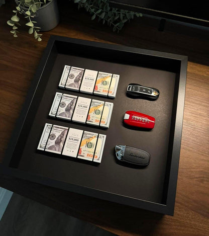 The Wealth Display – Dollar & Supercar Key Frame | Luxury Motivation Wall Art | 35x35cm