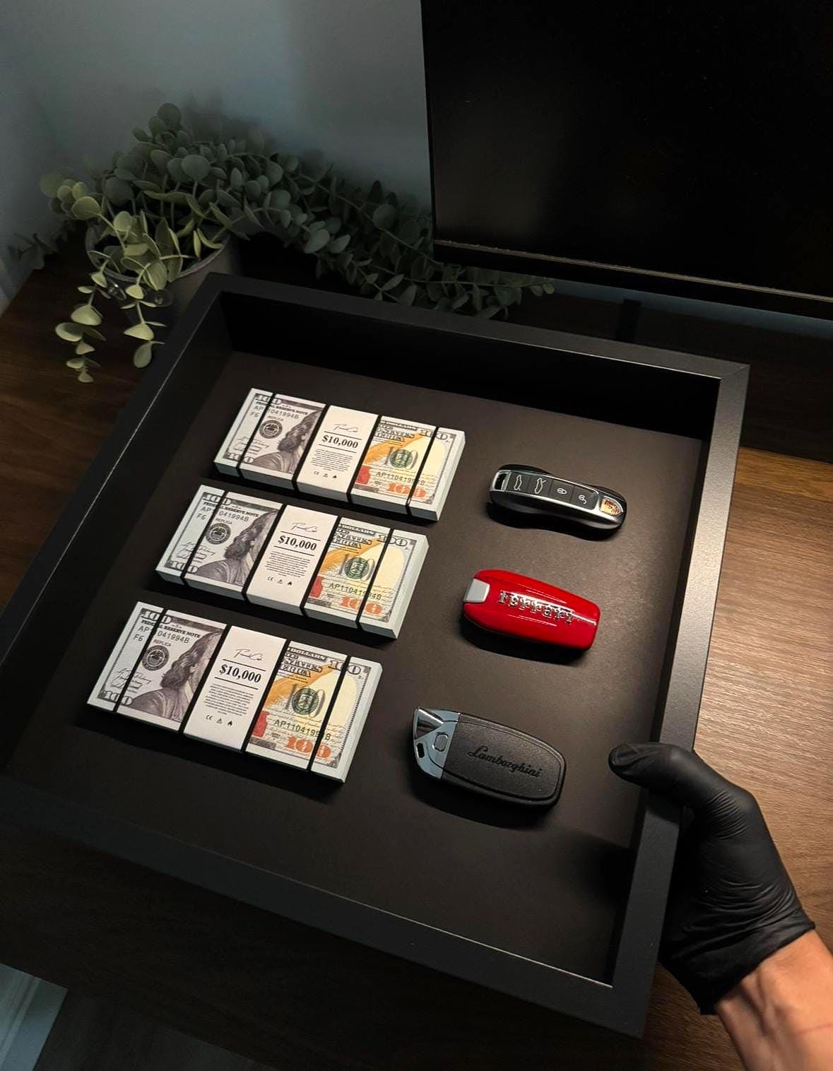 The Wealth Display – Dollar & Supercar Key Frame | Luxury Motivation Wall Art | 35x35cm