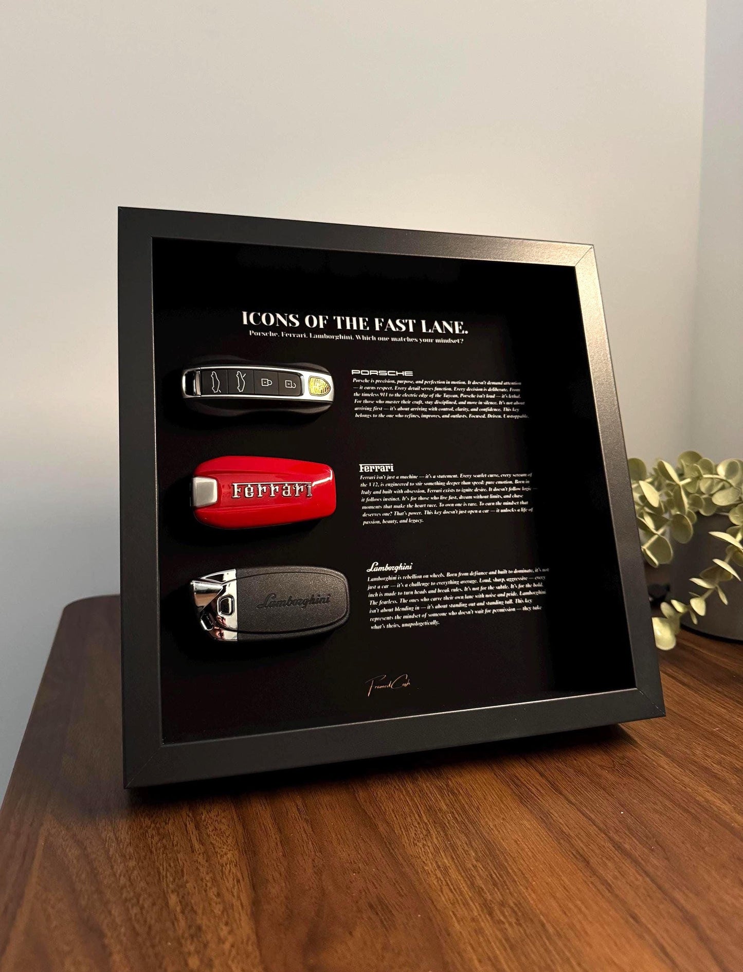 Icons of the Fast Lane | Porsche, Ferrari & Lamborghini Key Wall Frame | 25x25cm Motivational Decor for Car Lovers