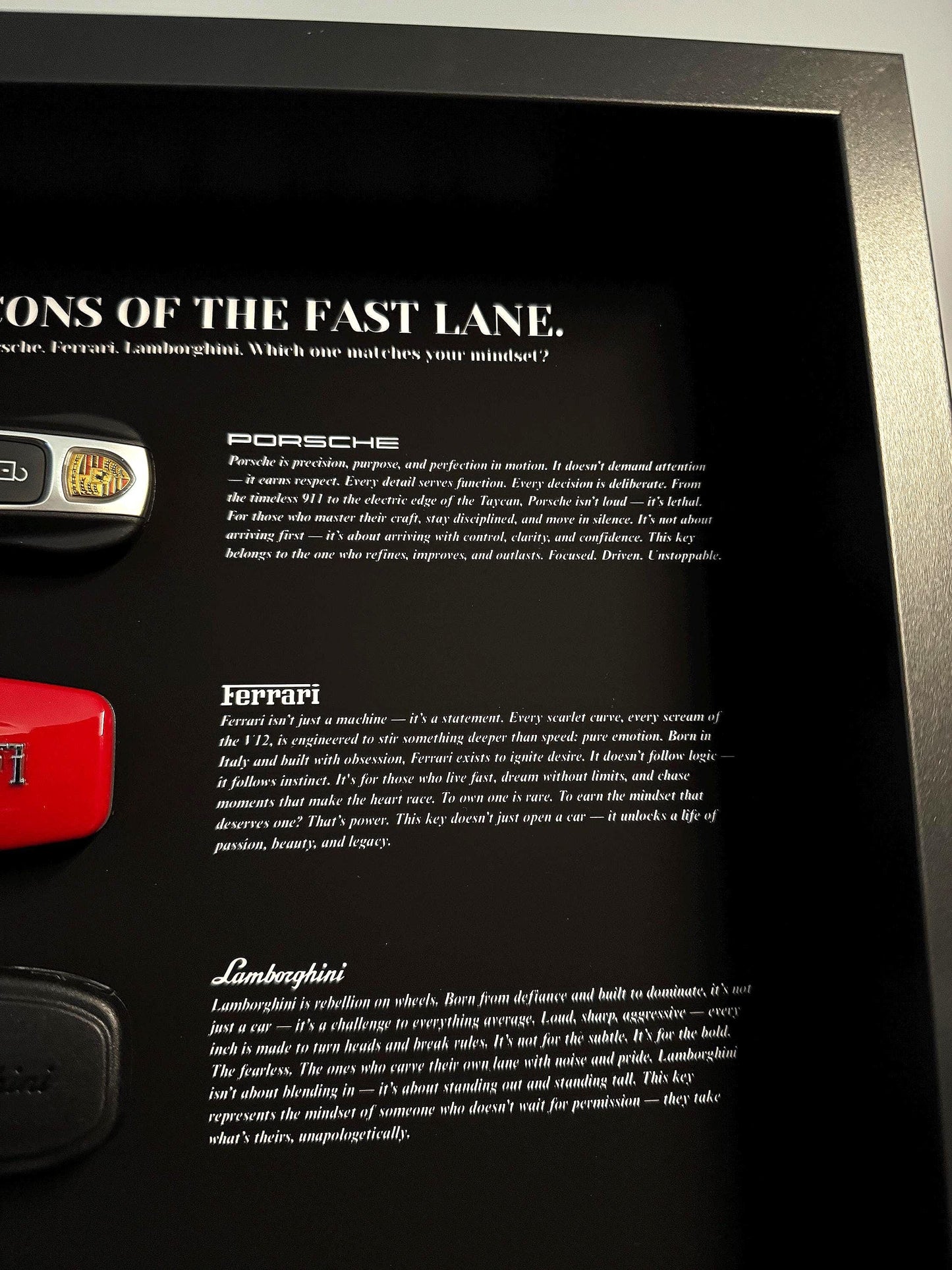 Icons of the Fast Lane | Porsche, Ferrari & Lamborghini Key Wall Frame | 25x25cm Motivational Decor for Car Lovers