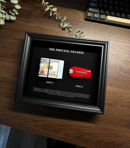 The Process, framed | Ferrari Key & Dollar Cash Stack | Money Wall Art Home Décor | 25x20cm