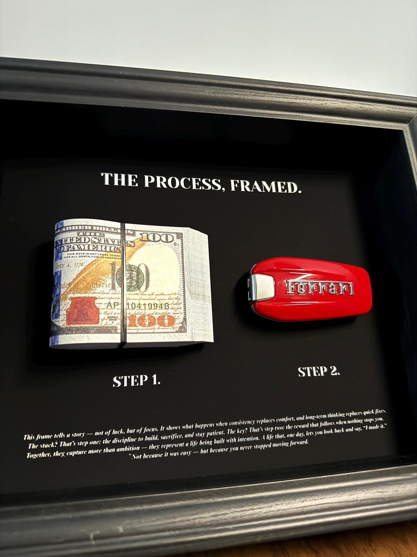 The Process, framed | Ferrari Key & Dollar Cash Stack | Money Wall Art Home Décor | 25x20cm